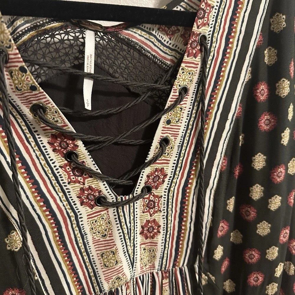 Free People Rain or Shine Lace Up Boho Peasant Swing‎ Long Sleeve Dress Size S